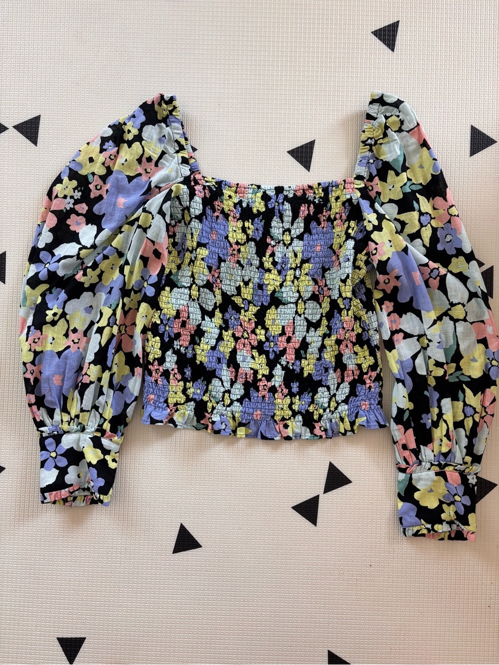 Free People Floral Smocked Puff-Sleeve Crop Top - Black/Multi